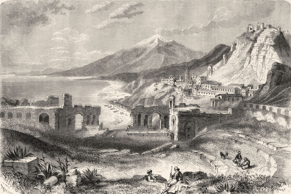 ETNA. Sicily. Mount(Viewed from Taurominium)in 1870 old antique print picture